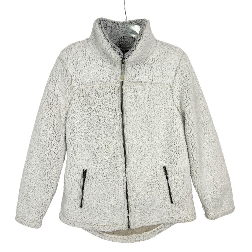 STOIC Long Pile Fleece Jacket Off White Gray Full Zip High Neck Women’s Medium